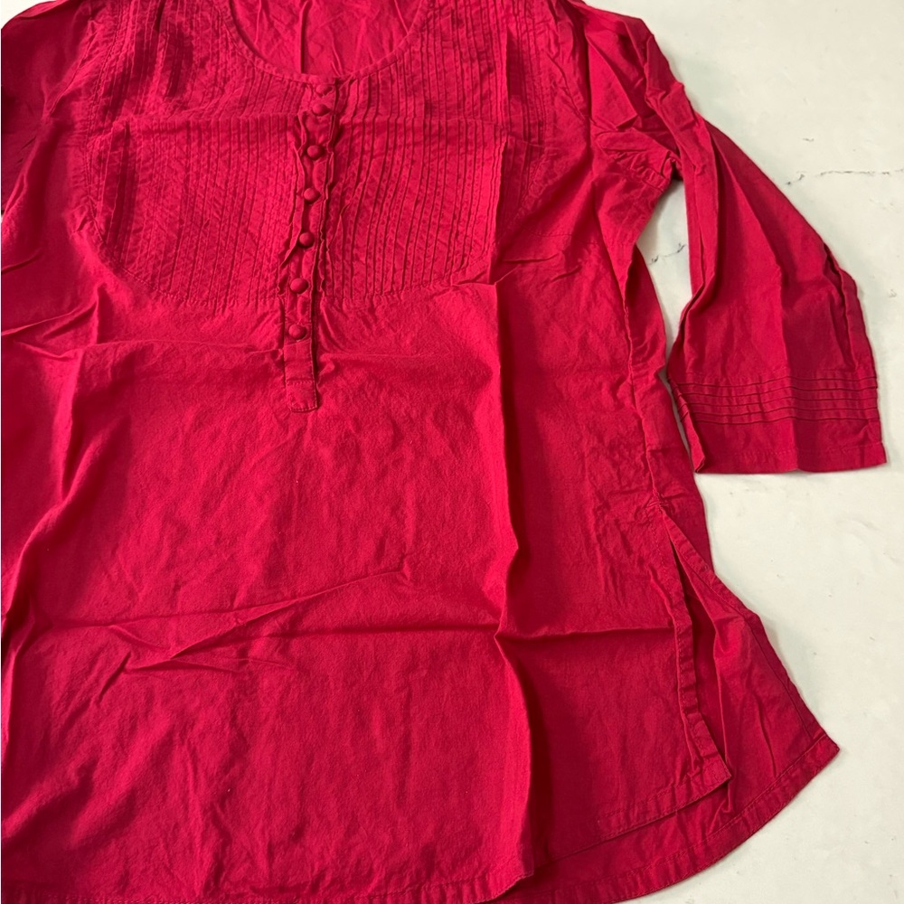 Anokhi Red 3/4 Sleeve Button Down Blouse Pleated Sz Small Art to Wear Handmade